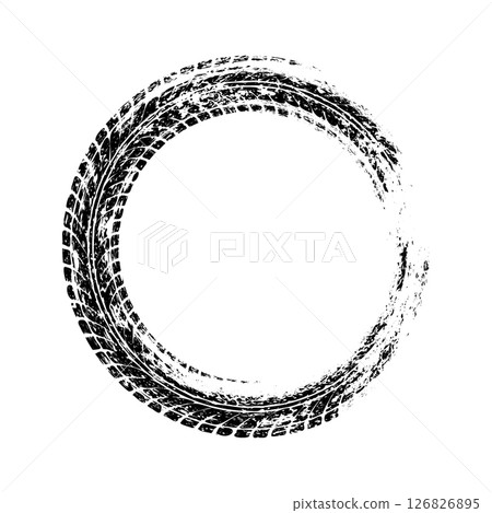 Grunge circle tire track, wheel braking mark. Truck, car or motorcycle tread pattern silhouettes. Auto race, motorsport, speed racing design element. Vector illustration 126826895