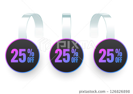 Supermarket promotional wobblers. Realistic white wobbler template for shelf advertising, 25 percent off discount. Sale label with ad text. Special offer price tag. Vector illustration Supermarket promotional wobblers. Realistic white wobbler template for shelf advertising, 25 percent off discount. Sale label with ad text. Special offer price tag. Vector illustration 126826898