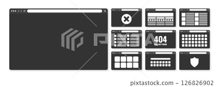 Web browser window, pages layout with toolbar and search field. Modern website, internet page in flat style. Browser mockup for computer, tablet and smartphone. Adaptive UI. Vector illustration 126826902