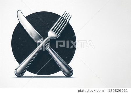 Crossed knife and fork on a dark circle. Space for text. 126826911
