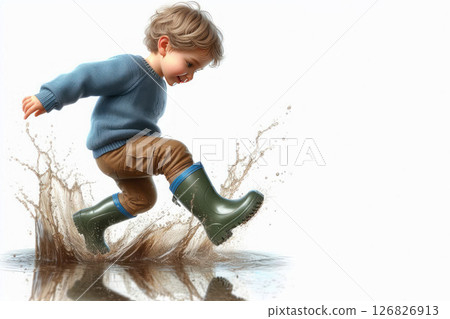 A child in boots jumps into a puddle. Space for text. A child in boots jumps into a puddle. Space for text. 126826913