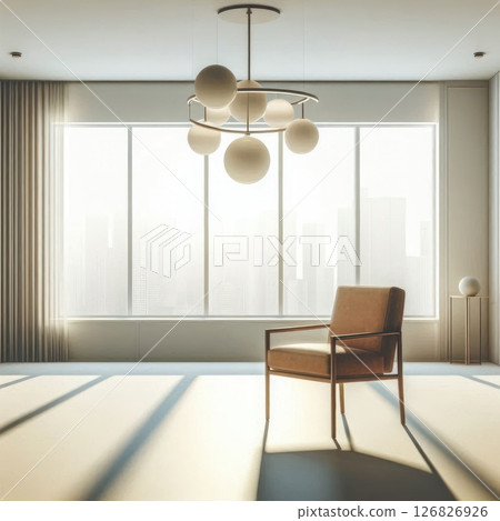 Designer chandelier above the armchair in the room with a panoramic window. Designer chandelier above the armchair in the room with a panoramic window. 126826926