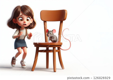 A frightened girl and a mouse on a chair. Space for text. 126826929