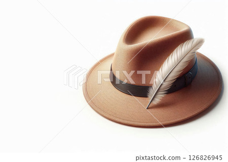 Classic hat with a feather on a light background. Space for text. 126826945