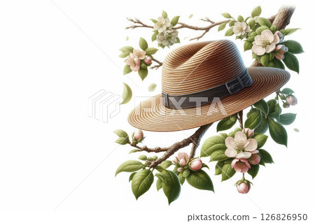 A straw hat on a flowering branch. Space for text. 126826950