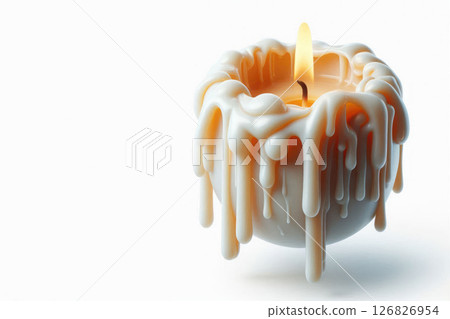 A round candle with drops of melted wax and fire. Space for text. 126826954