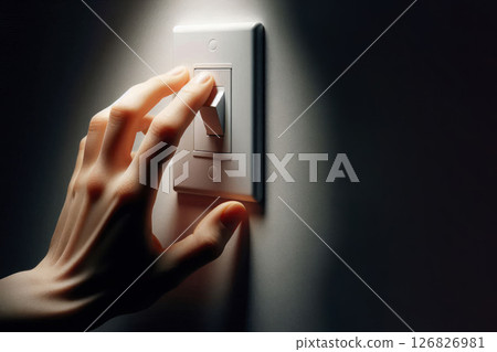 The hand turns on the switch in the dark. Space for text. 126826981