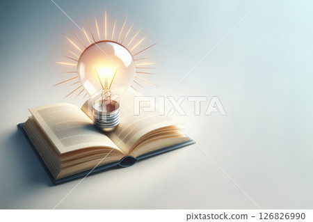 A light bulb in an open book on a light background. Space for text. 126826990