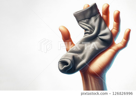A gray sock in his hand on a light background. Space for text. A gray sock in his hand on a light background. Space for text. 126826996