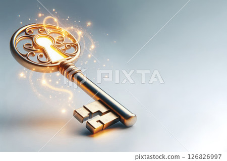 A magical glowing gold key with a pattern. Space for text. 126826997