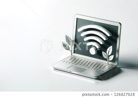 A laptop with a Wi-Fi symbol and leaves. Space for text. 126827028