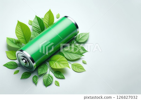 Green battery on leaves. Space for text. 126827032