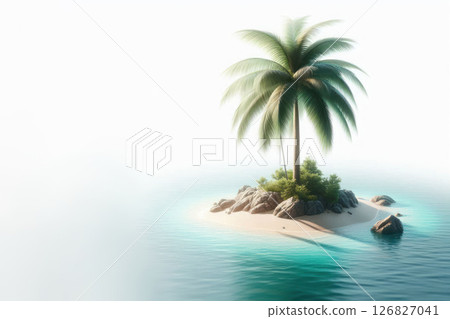 A tropical island with a palm tree on azure water. Space for text. A tropical island with a palm tree on azure water. Space for text. 126827041