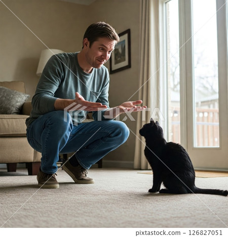 Man talking to black cat in living room. Man talking to black cat in living room. 126827051