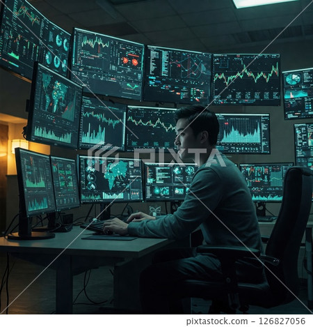 A person at a desk with many monitors with graphs. 126827056