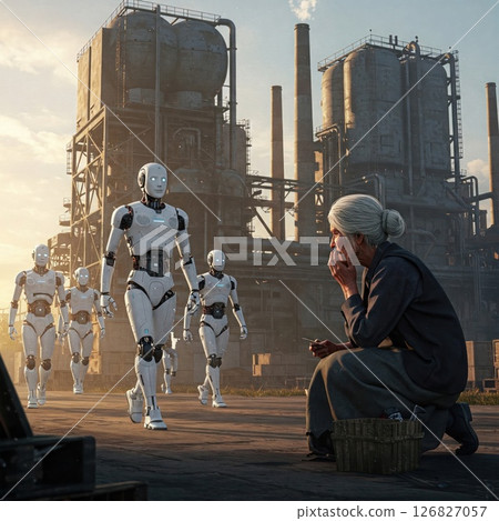 An elderly woman watches the marching robots outside the factory. 126827057