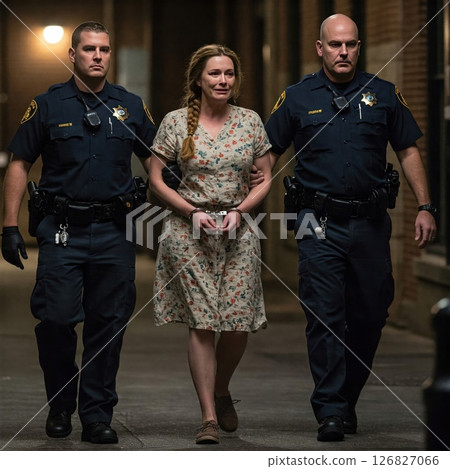 Under arrest, the woman is being led in handcuffs. Under arrest, the woman is being led in handcuffs. 126827066