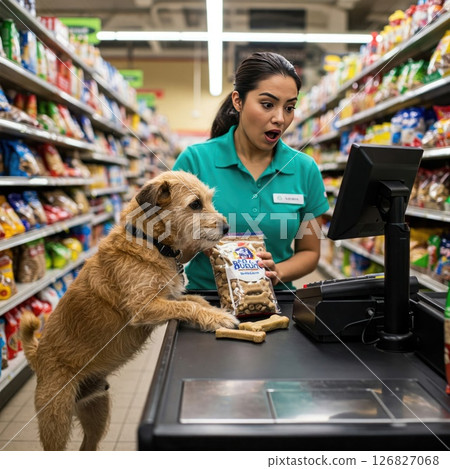 Dog purchase, tailed customer at the checkout. Dog purchase, tailed customer at the checkout. 126827068