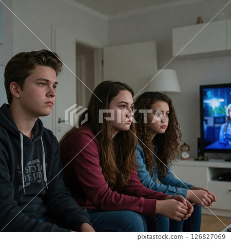 Three teenagers are concentrating on watching TV. 126827069