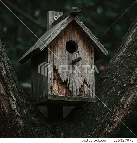 An old wooden birdhouse on a tree. An old wooden birdhouse on a tree. 126827073