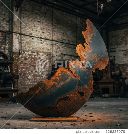 A rusty hemisphere that resembles a destroyed planet. 126827078