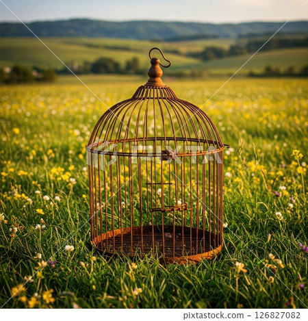 An old cage stands in the middle of a flowering field. 126827082