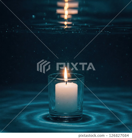 A lit candle in a glass under water. 126827084