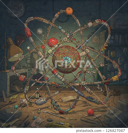 The atomic model is assembled from random objects. Abstraction. 126827087