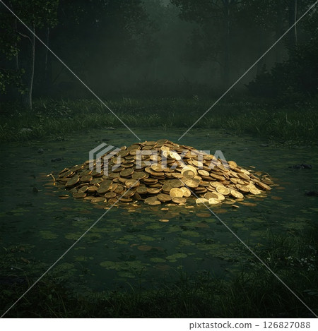 A pile of gold coins in a dark forest swamp. 126827088