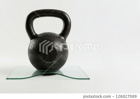 A heavy weight bends a glass panel on a white background. Space for text. 126827089