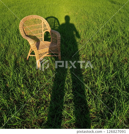 A wicker chair on the grass and a long shadow of a man. 126827091