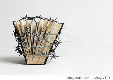 A book wrapped in barbed wire as a symbol of censorship. Space for text. 126827105