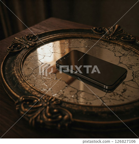 A modern smartphone is lying on a cracked antique mirror. 126827106