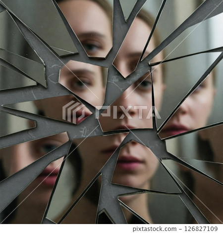 The girl's face is reflected in a broken mirror. 126827109