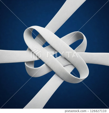 Interweaving of white ribbons on a blue background. 126827110