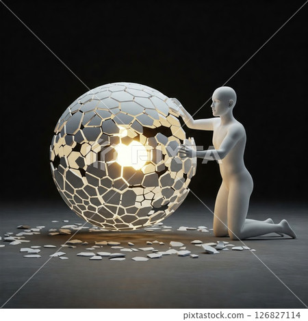 A person collects a broken luminous ball. 126827114
