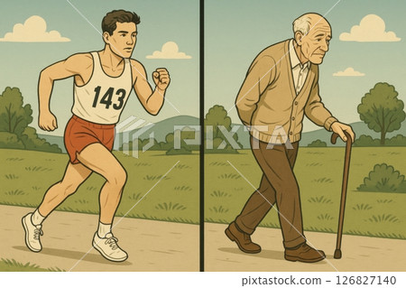 Illustration of Life's Journey: From Youthful Runner to Elderly Walker 126827140
