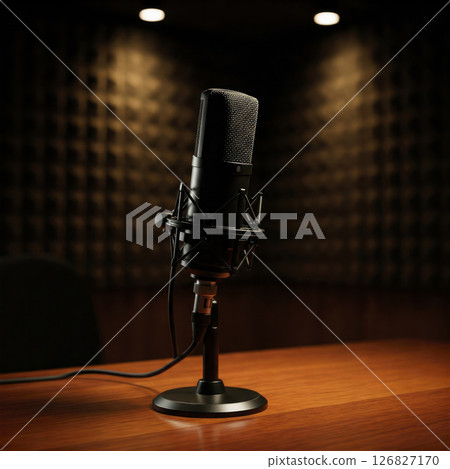 Professional microphone on a wooden table in a recording studio. 126827170