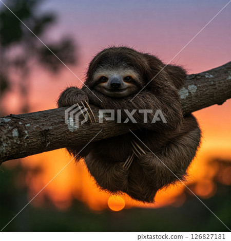 Sloth on a tree with a sunset in the jungle. 126827181