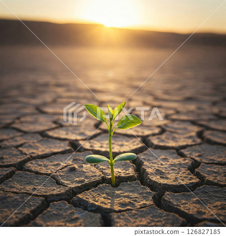 A green sprout breaks through the dry ground at dawn. 126827185