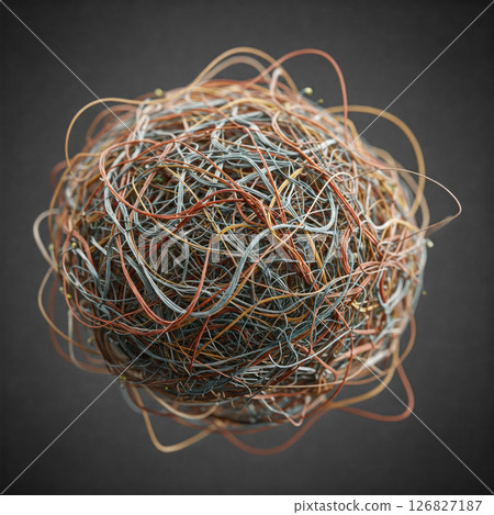 A ball of tangled multi-colored wires on a gray background. A ball of tangled multi-colored wires on a gray background. 126827187