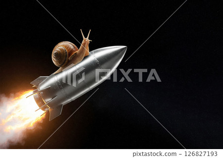 A snail flies in space riding a rocket. Space for text. 126827193