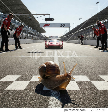 A snail at the start in front of a racing car. A snail at the start in front of a racing car. 126827195