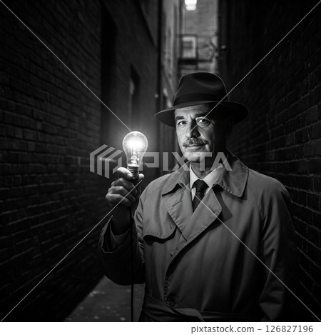 A man with a light bulb in a dark alley. 126827196