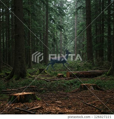 A deer in the forest among felled trees. 126827221