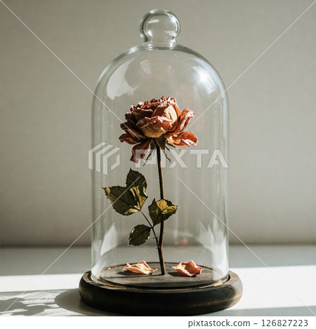 A dried rose under a glass dome in the light. A dried rose under a glass dome in the light. 126827223