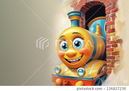A cheerful engine looks out of a brick tunnel. Space for text. A cheerful engine looks out of a brick tunnel. Space for text. 126827230