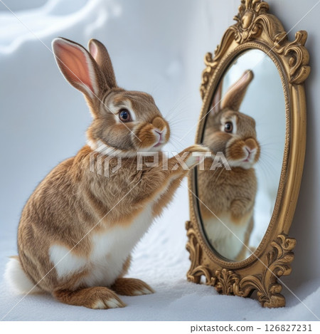 The rabbit touches his reflection in the mirror. 126827231