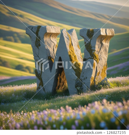 Stone letter W on a flowering field. Stone letter W on a flowering field. 126827235