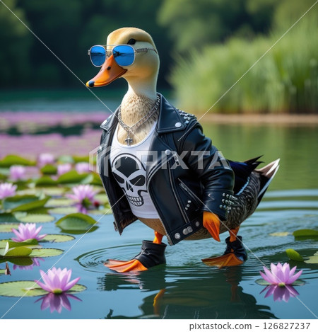 A duck wearing glasses and a leather jacket stands on the water among the lilies. 126827237